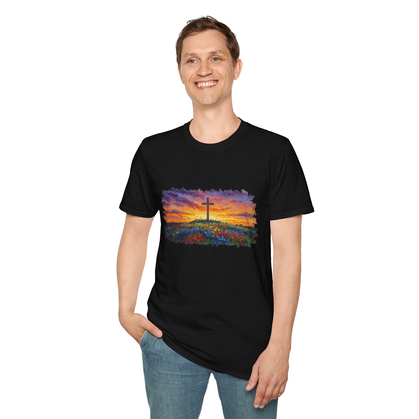 Van Gogh-Style Cross Sunset T-Shirt | Christian Faith Tee, Impressionist Nature Cross Shirt, Sunset Religious Art, Faith & Landscape Gift