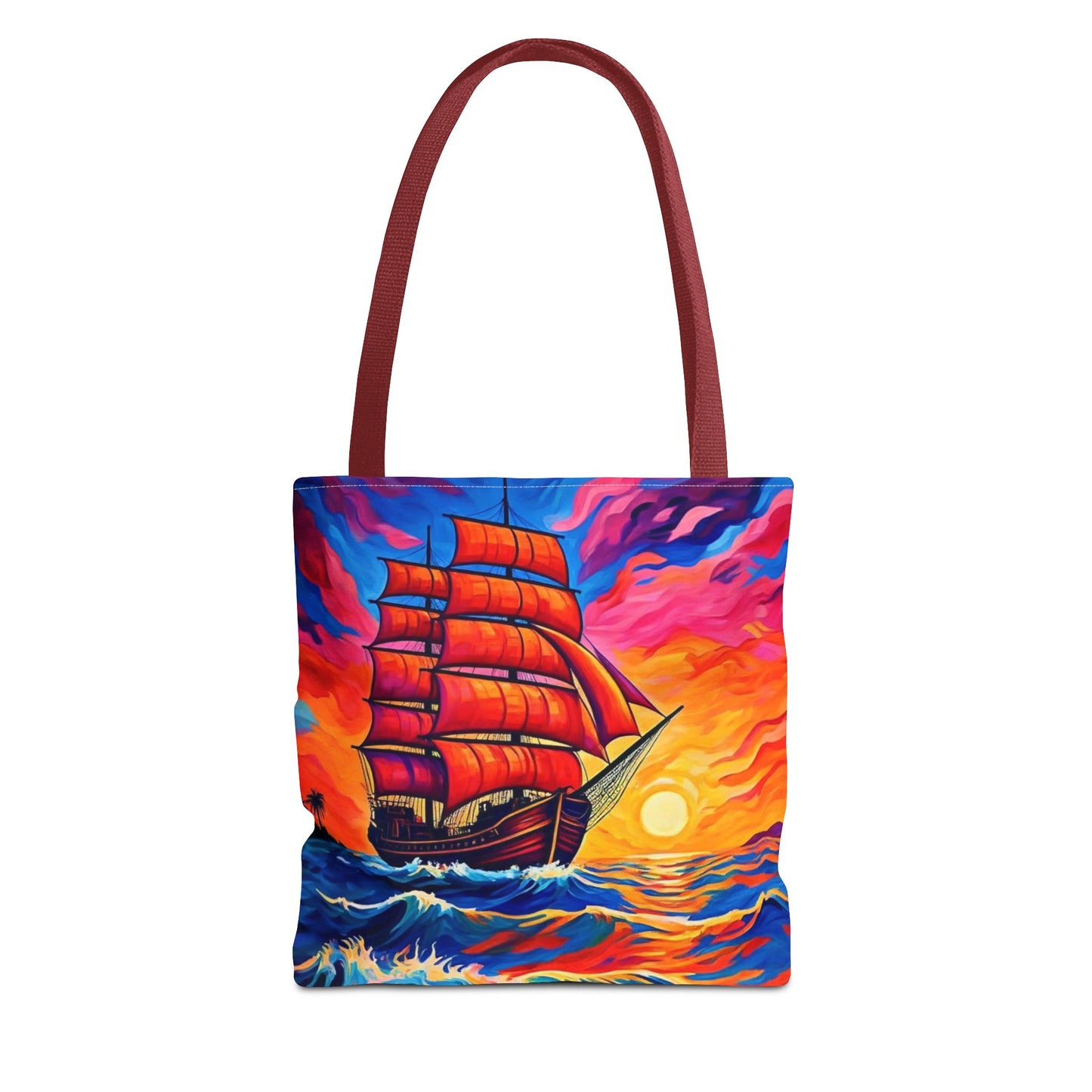 Crimson Voyage Tote Bag, Red Sailboat At Sunset Artistic Ocean Design, Nautical Reusable Tote For Beach, Travel, And Everyday Use