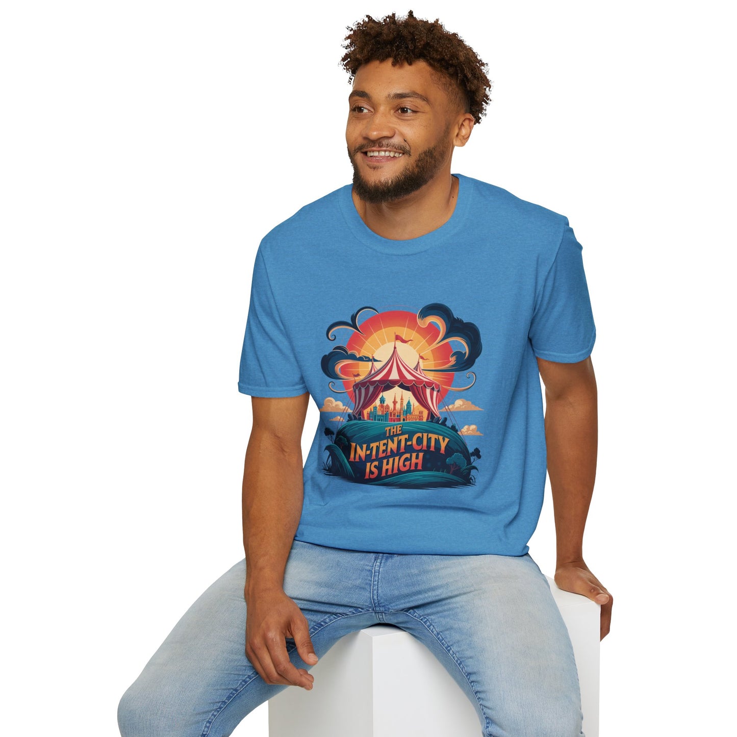 In-Tent-City Is High Retro Camp T-Shirt | Vintage Circus Tent + Cityscape Graphic | Funny Outdoors Urban Adventure Tee | Unisex Camper Shirt