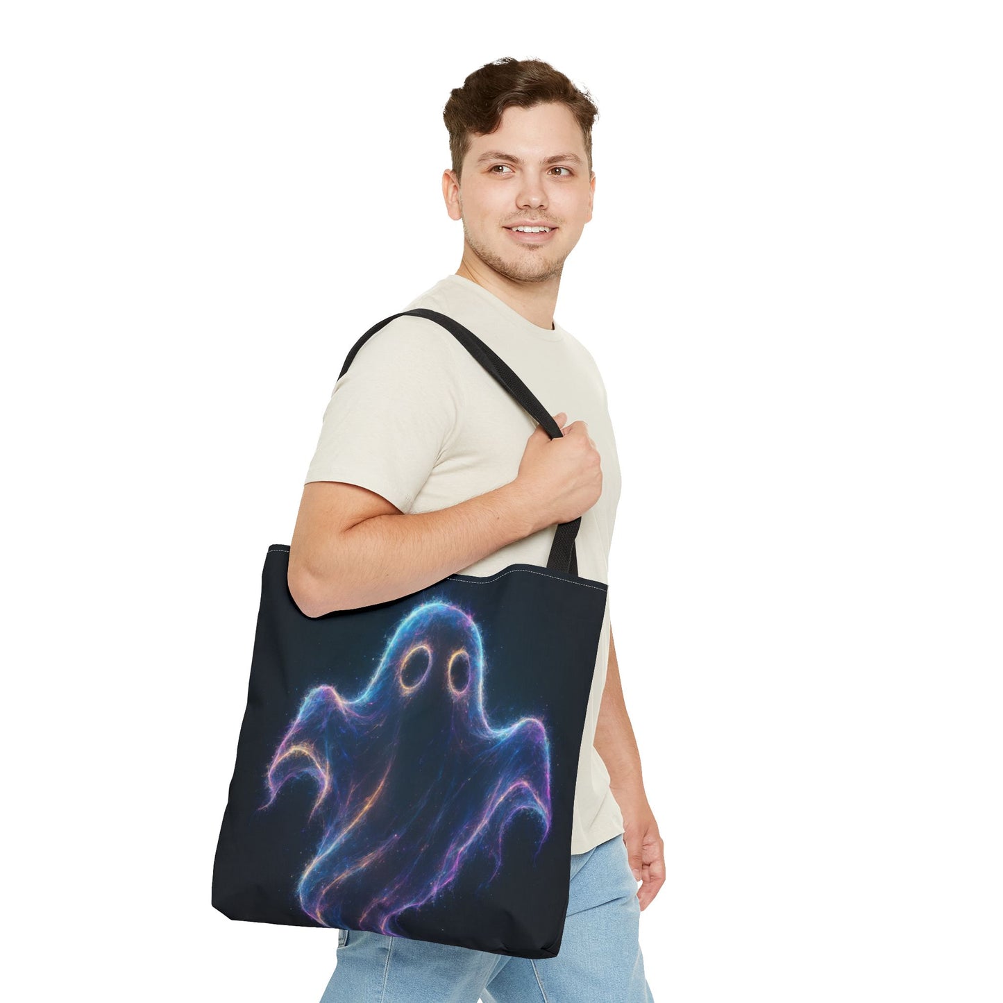 Neon Ghost Tote Bag, Spooky Halloween Canvas Tote, Glowing Cosmic Ghost Design Bag, Reusable Trick Or Treat Tote, Gothic Gift Accessory
