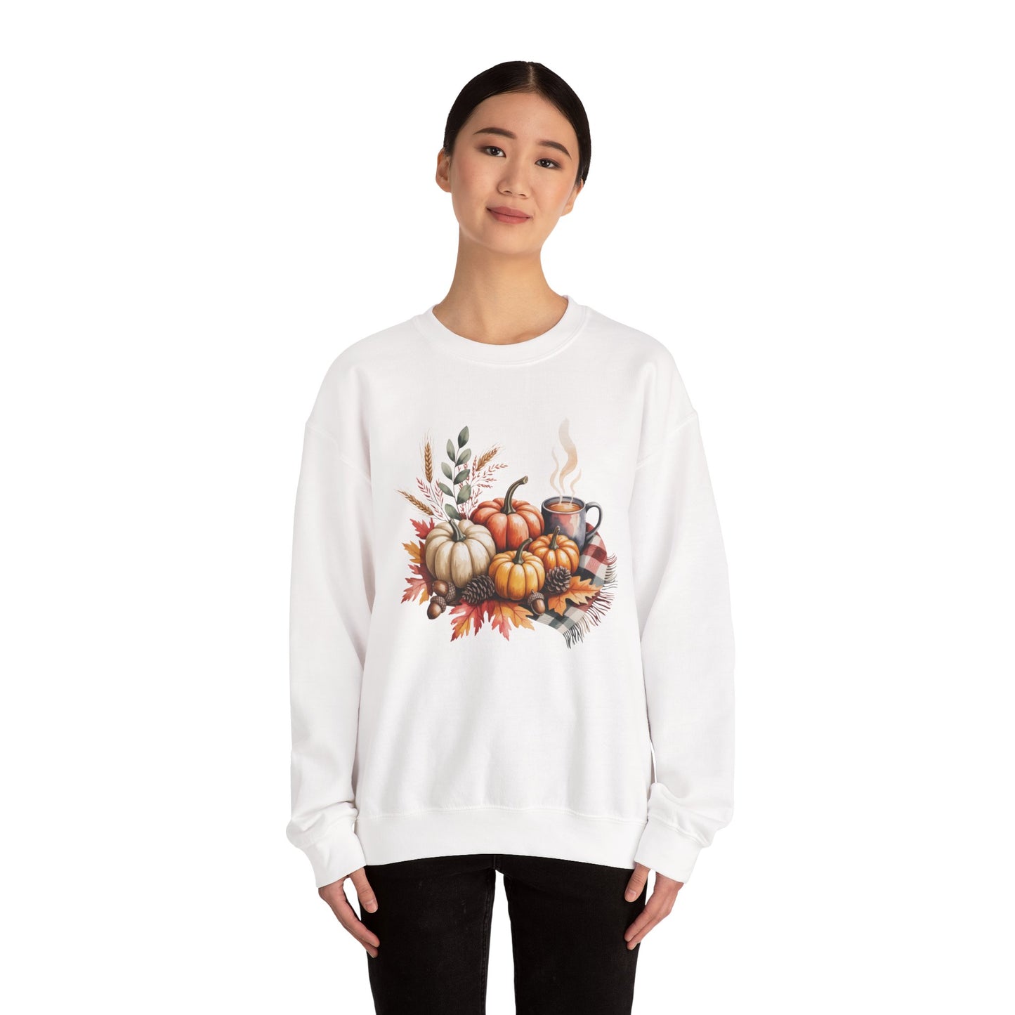 Fall Pumpkin Sweatshirt, Cozy Autumn Crewneck, Thanksgiving Sweater With Pumpkins And Coffee, Fall Leaves Pullover, Seasonal Gift
