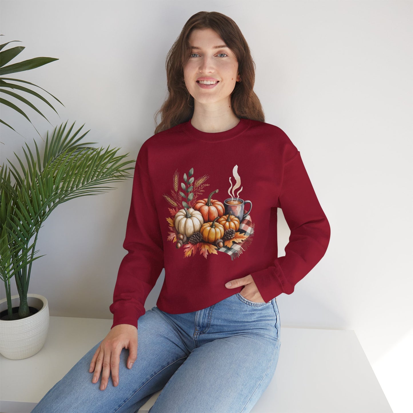 Fall Pumpkin Sweatshirt, Cozy Autumn Crewneck, Thanksgiving Sweater With Pumpkins And Coffee, Fall Leaves Pullover, Seasonal Gift