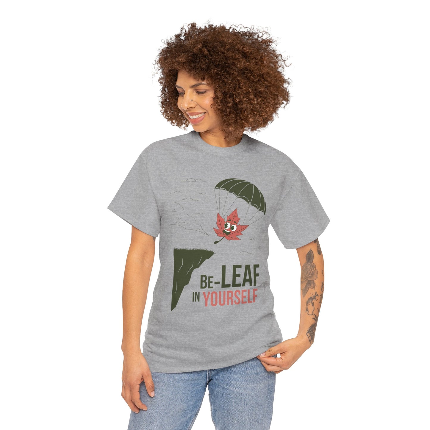 Be-Leaf In Yourself Maple Leaf Parachute T-Shirt | Funny Motivational Nature Graphic Tee | Self-Love Fall Autumn Shirt | Outdoorsy Gift