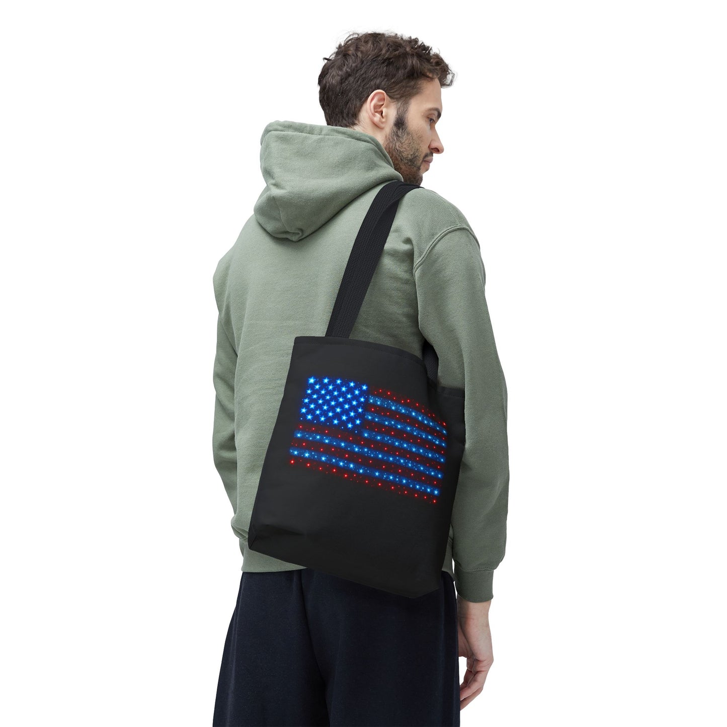 Galaxy Bioluminescent USA Flag Tote Bag - Patriotic Cosmic Canvas Shopper - Starry Red White Blue Tote Non-Glow - 4th July Gift