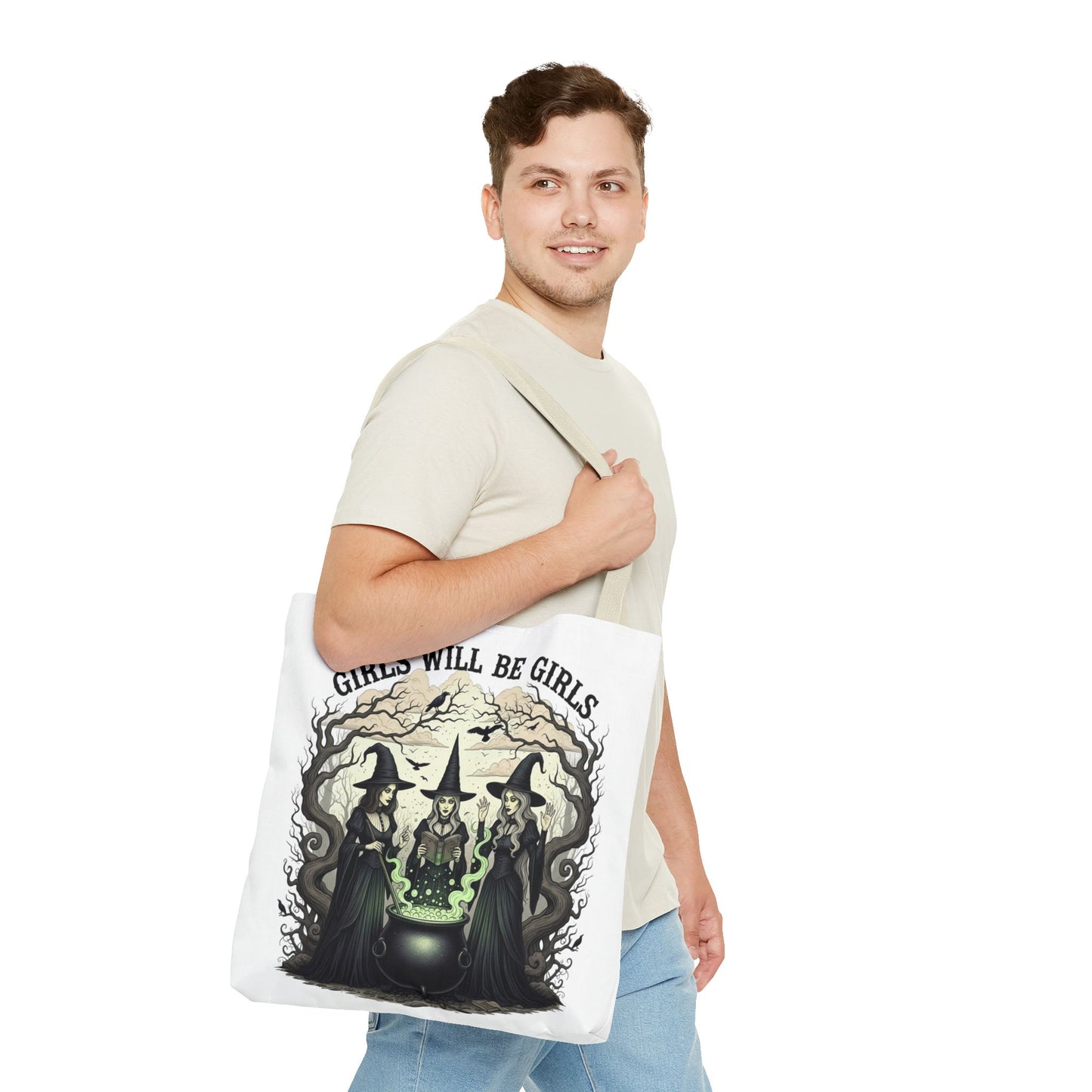 Girls Will Be Girls Halloween Tote Bag, Witchy Aesthetic Bag, Gothic Witches Cauldron Art, Spooky Gift, Reusable Eco Tote For Halloween Lovers