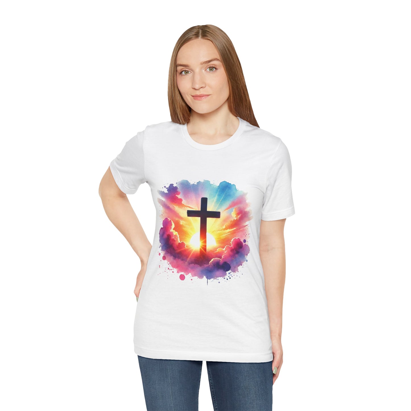Faith Cross Sunburst Christian Tee | Inspirational Christian T-Shirt | Colorful Sunrise Cross Shirt | Faith Gifts for Women Men