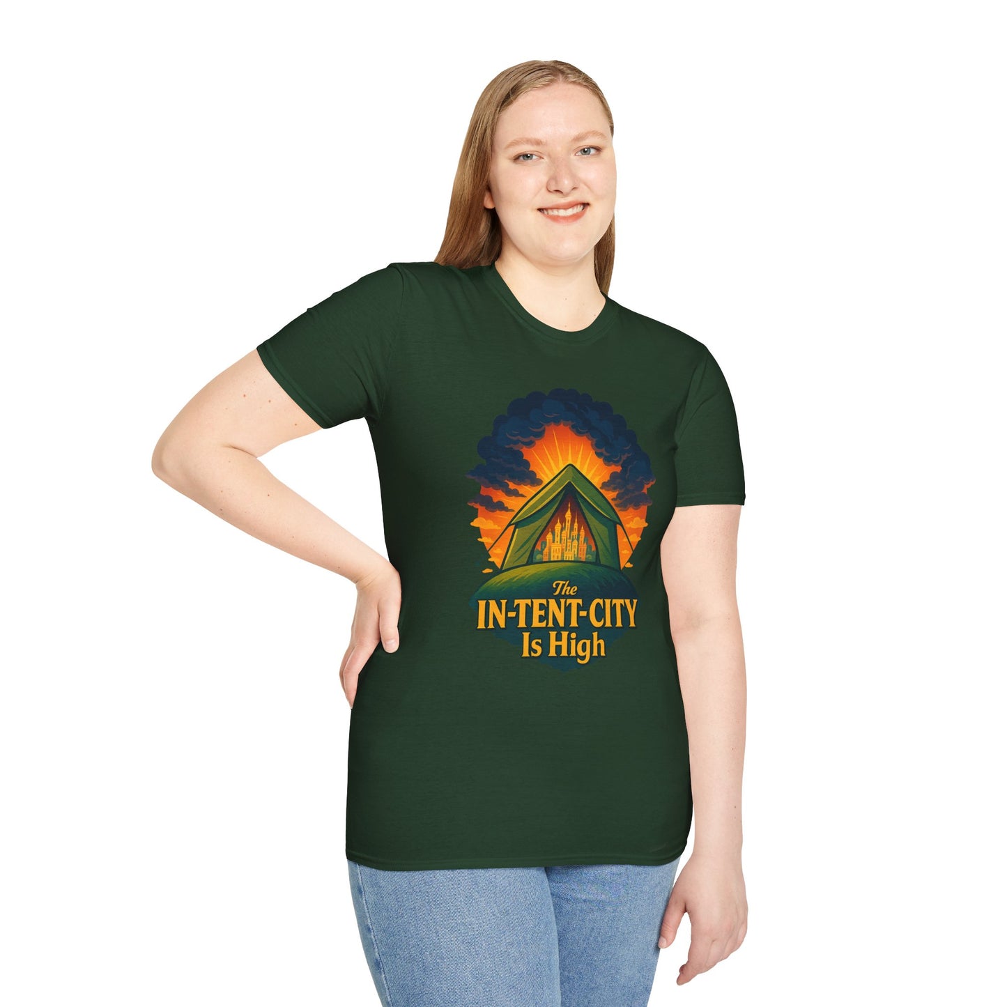 In-Tent-City Is High Camping Tee | Retro Tent Graphic T-Shirt for Hikers & Campers | Funny Outdoorsy Gift | Vintage Style Unisex Tee