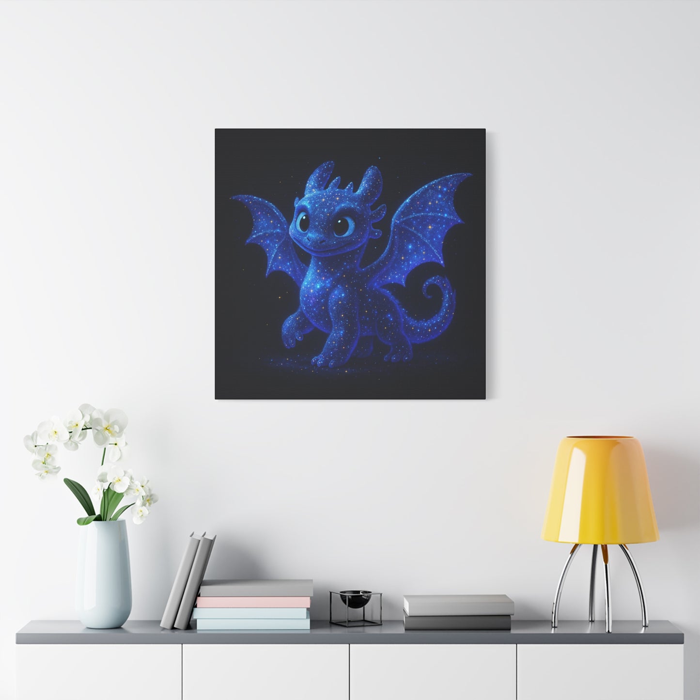 Galaxy Baby Dragon Wall Art | Cute Fantasy Dragon Canvas Print | Starry Night Nursery Decor | Whimsical Creature Room Artwork