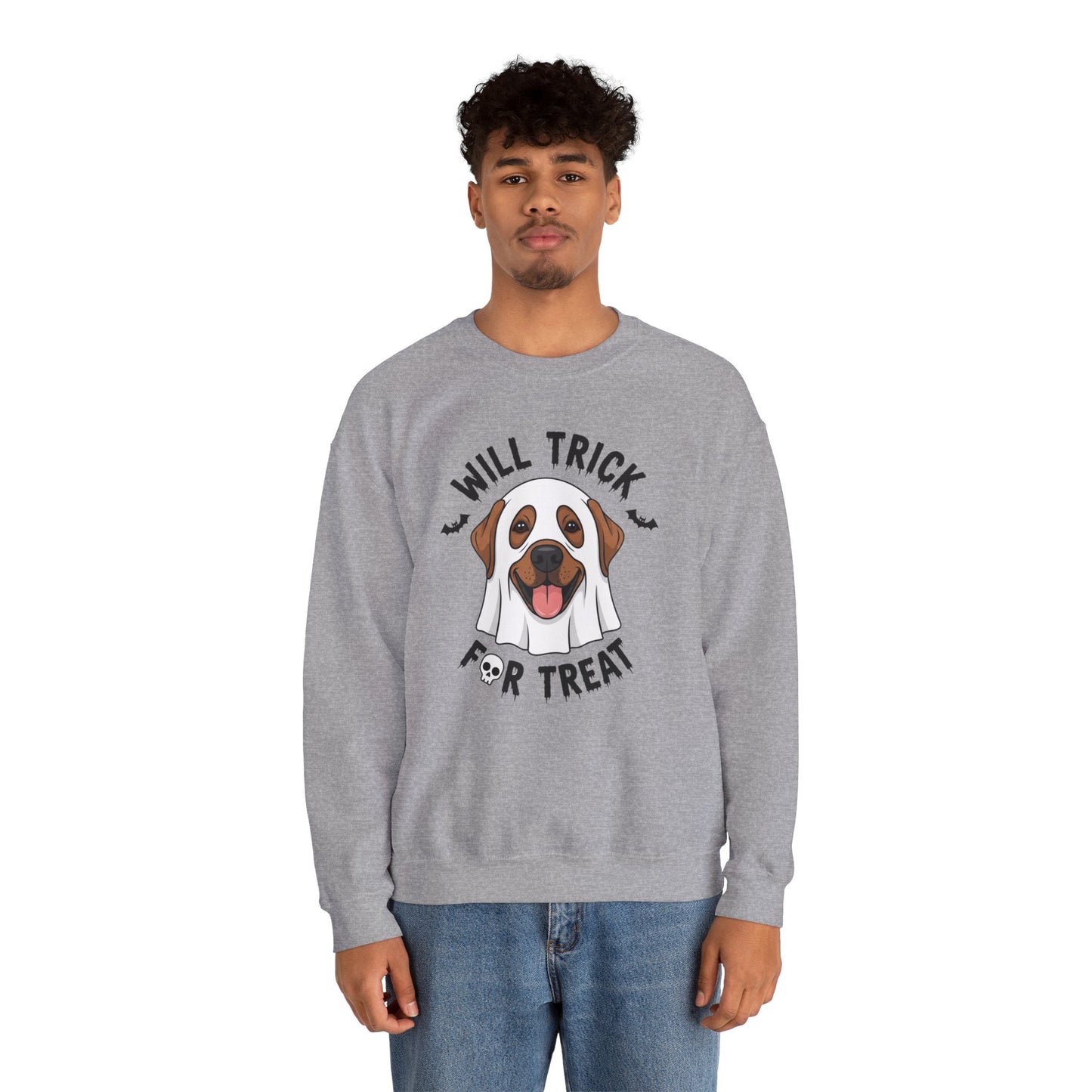 Will Trick for Treat Sweatshirt, Ghost Dog Halloween Crewneck, Funny Pet Costume Graphic Pullover, Trick-or-Treat Dog Lover Gift Sweater