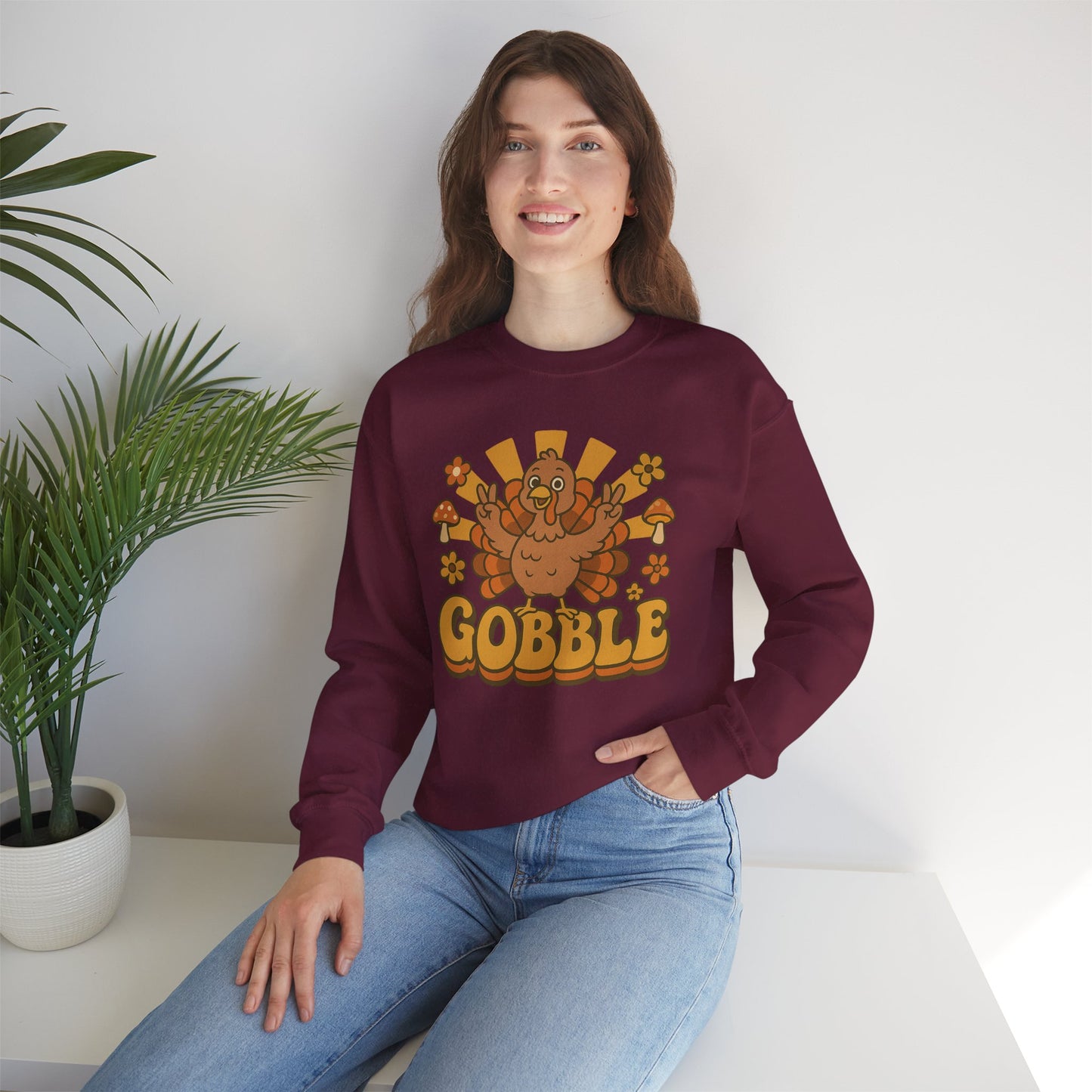 Gobble Turkey Sweatshirt, Retro Fall Turkey Crewneck, Thanksgiving Graphic Pullover, Autumn Mushroom & Flower Design, Cozy Fall Top