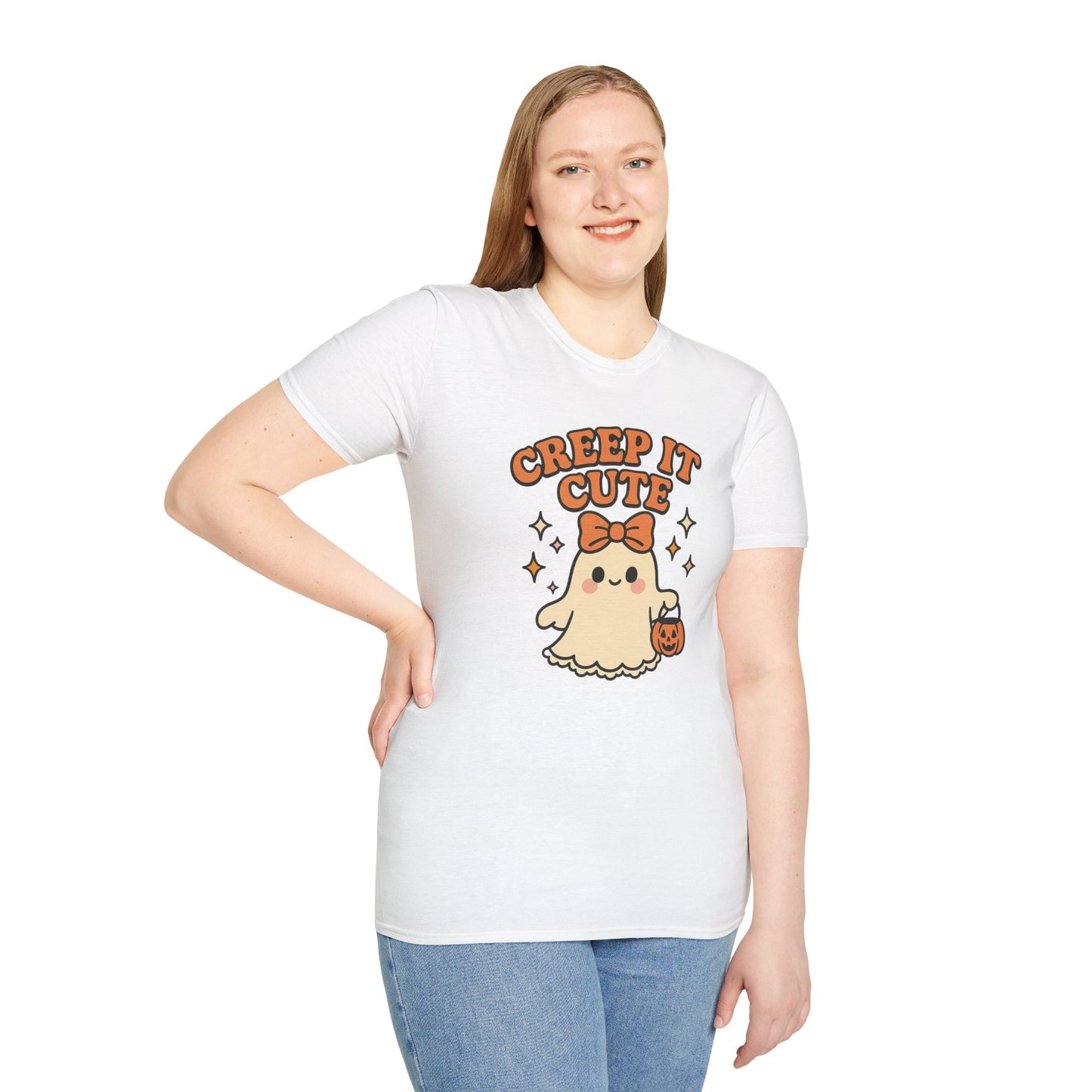 Creep It Cute Ghost Halloween Shirt - Kawaii Ghost Tee with Bow and Pumpkin, Spooky-Cute Fall Graphic T-Shirt, Spooky Season Halloween Top