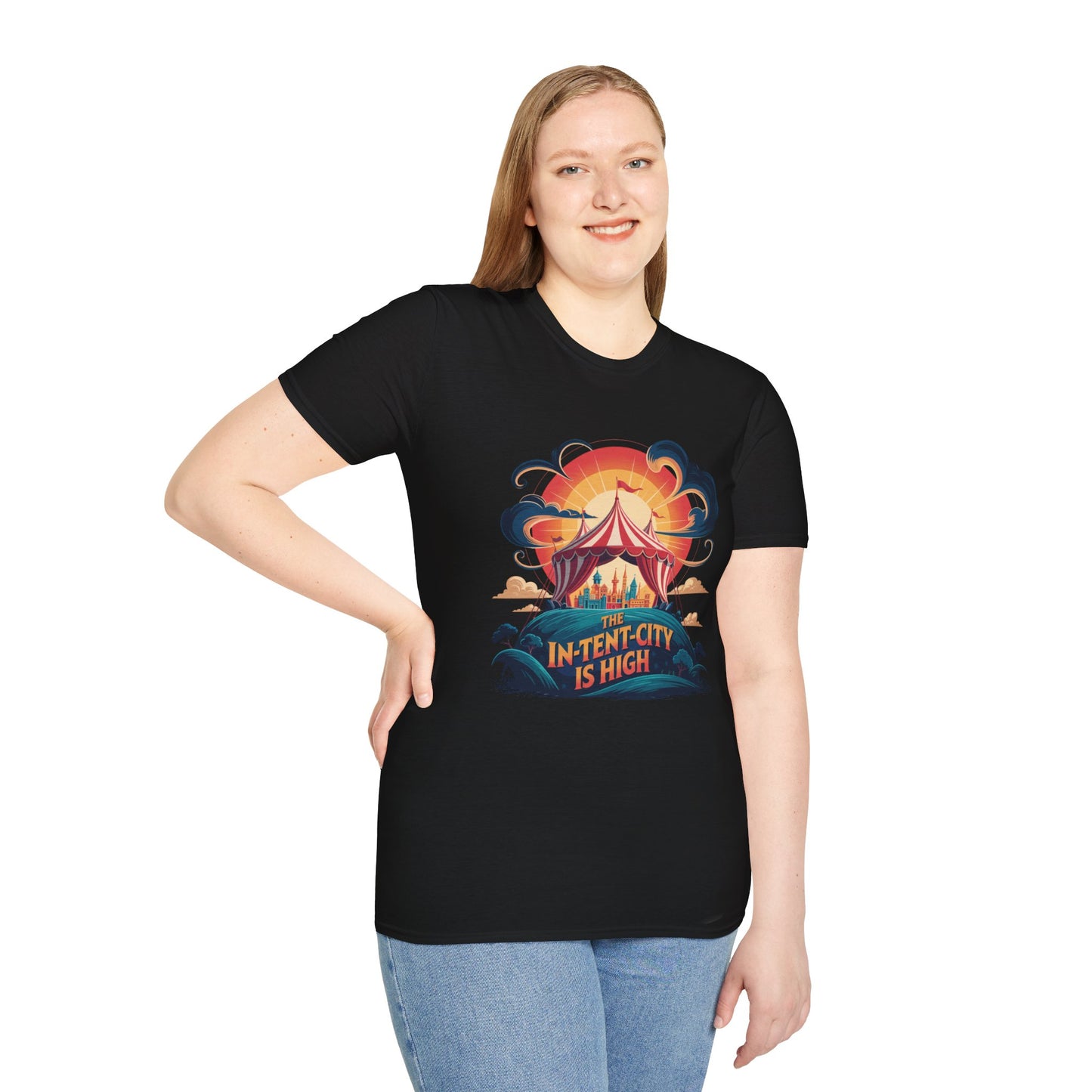 In-Tent-City Is High Retro Camp T-Shirt | Vintage Circus Tent + Cityscape Graphic | Funny Outdoors Urban Adventure Tee | Unisex Camper Shirt