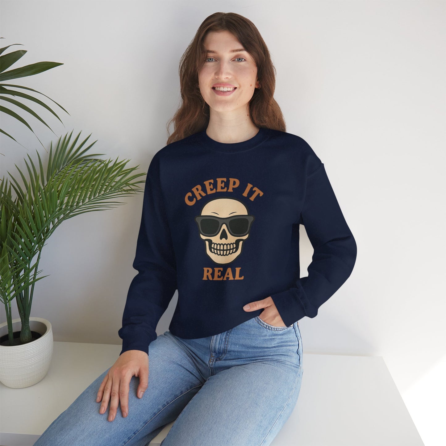 Creep It Real Skull Sweatshirt, Funny Halloween Skull Crewneck, Spooky Skeleton Pullover, Dark Graphic Sweatshirt, Unisex Halloween Gift