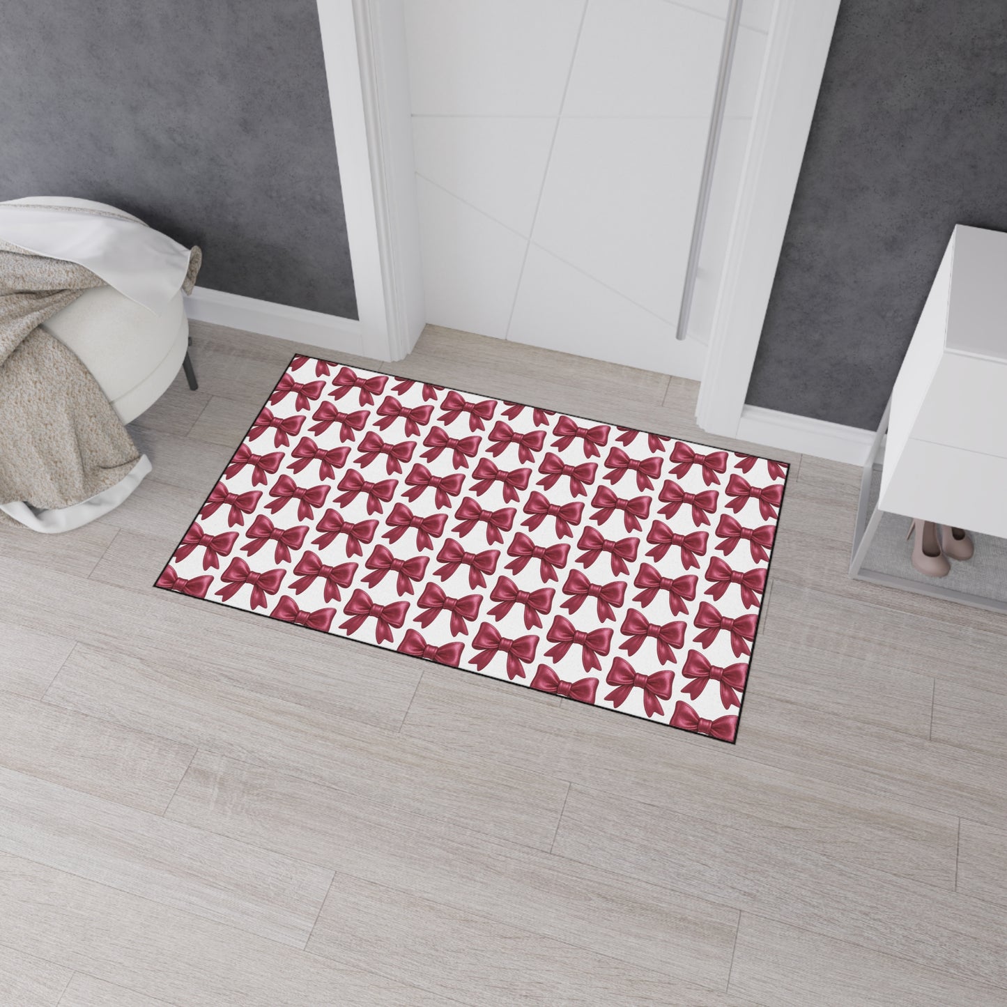 Pink Bow Doormat Cute Glam Entry Rug, Decorative Floor Mat with Repeating Bow Pattern, Girly Room or Holiday Decor
