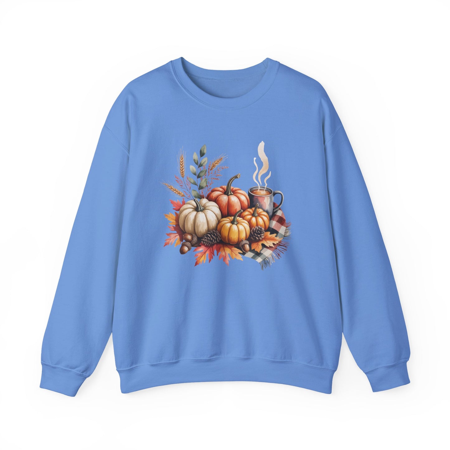 Fall Pumpkin Sweatshirt, Cozy Autumn Crewneck, Thanksgiving Sweater With Pumpkins And Coffee, Fall Leaves Pullover, Seasonal Gift