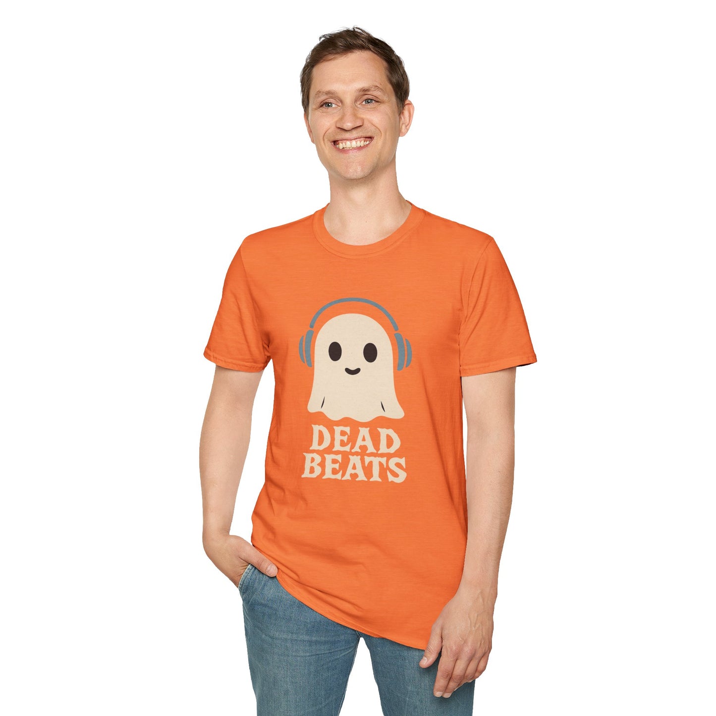 Dead Beats Ghost T-Shirt - Funny Music Halloween Shirt - Cute Ghost with Headphones Tee - Gift for DJs, Musicians and Spooky Season