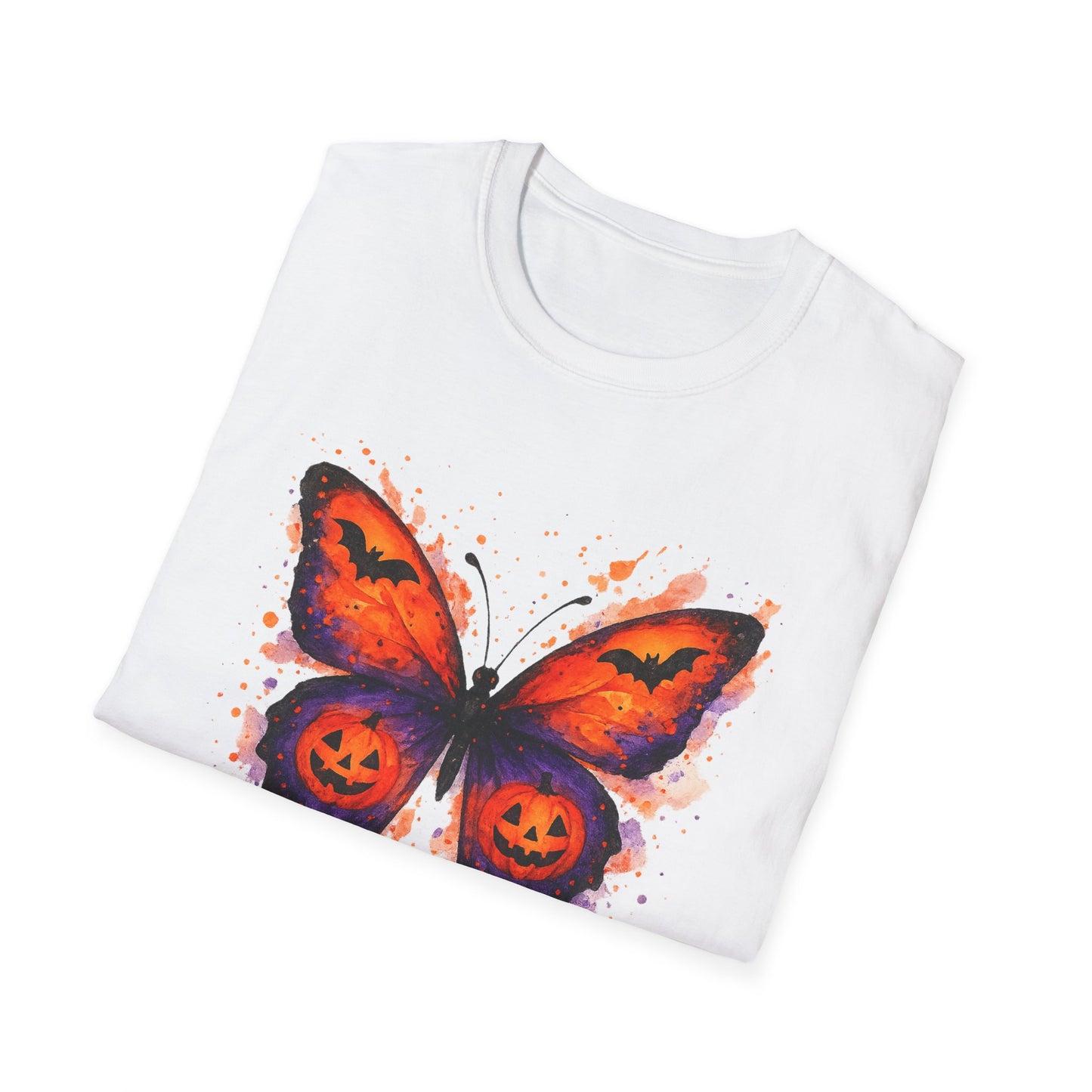 Halloween Watercolor Butterfly T-Shirt - Pumpkin Butterfly Tee, Spooky Butterfly Shirt, Bat and Jack-O'Lantern Wings, Fall Aesthetic Tee
