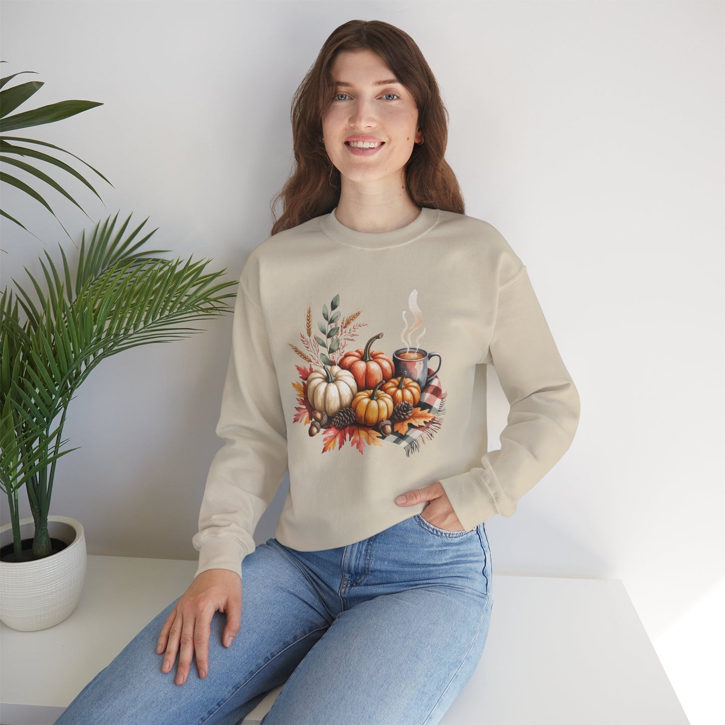 Fall Pumpkin Sweatshirt, Cozy Autumn Crewneck, Thanksgiving Sweater With Pumpkins And Coffee, Fall Leaves Pullover, Seasonal Gift