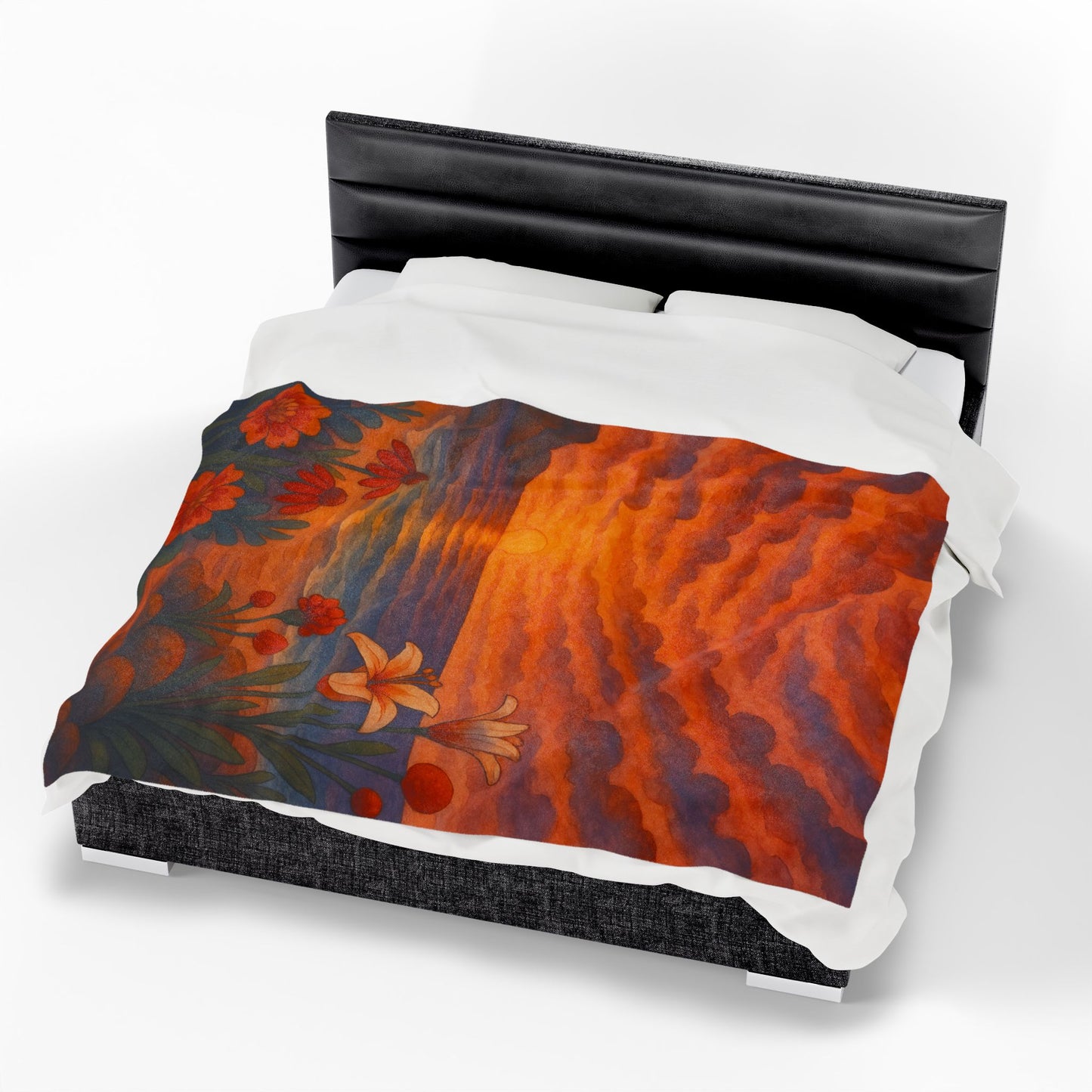 Sunset Floral Blanket – Cozy Beach Sunset Throw with Flowers | Colorful Velveteen Plush Blanket for Couch, Bed, or Gift