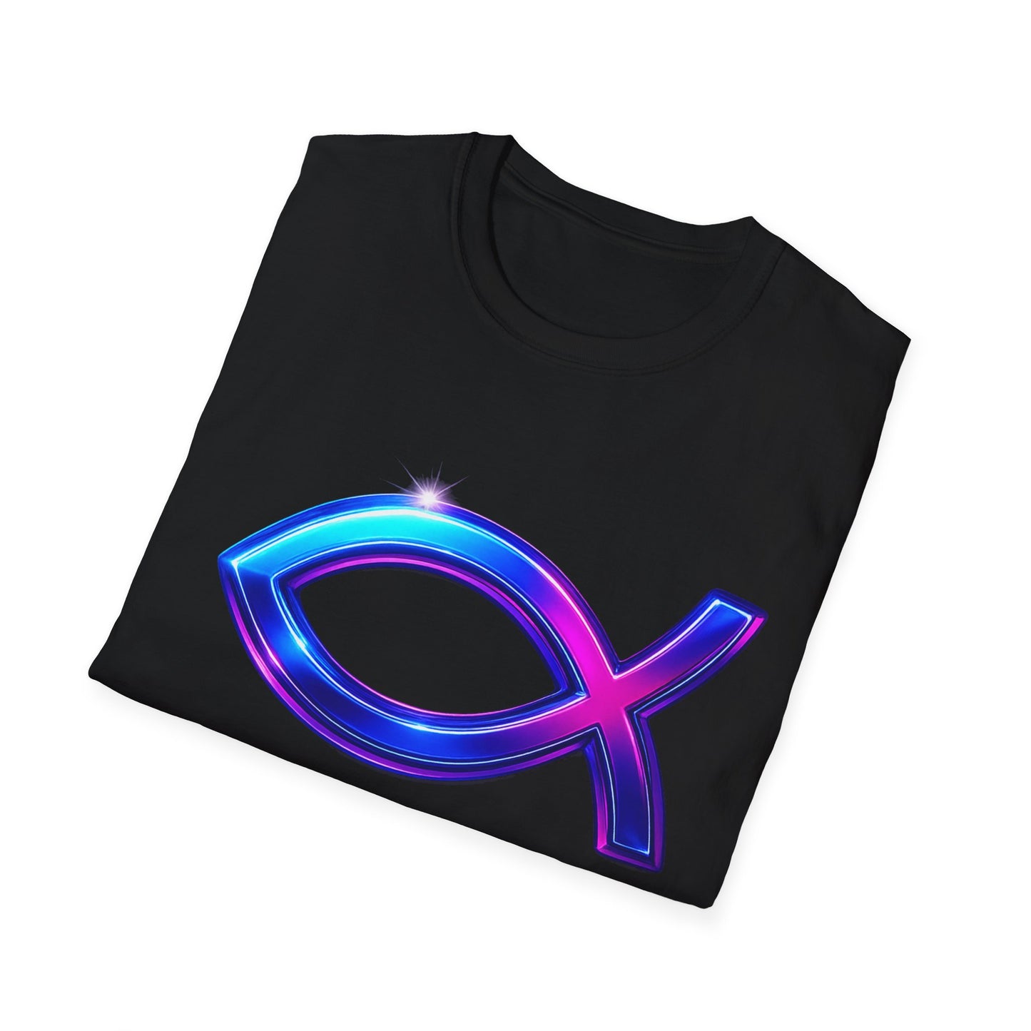 Neon Christian Fish T-Shirt, Modern Faith Tee, Ichthys Jesus Shirt, Spiritual Gift For Men And Women, Glow Cross Symbol Graphic Tee