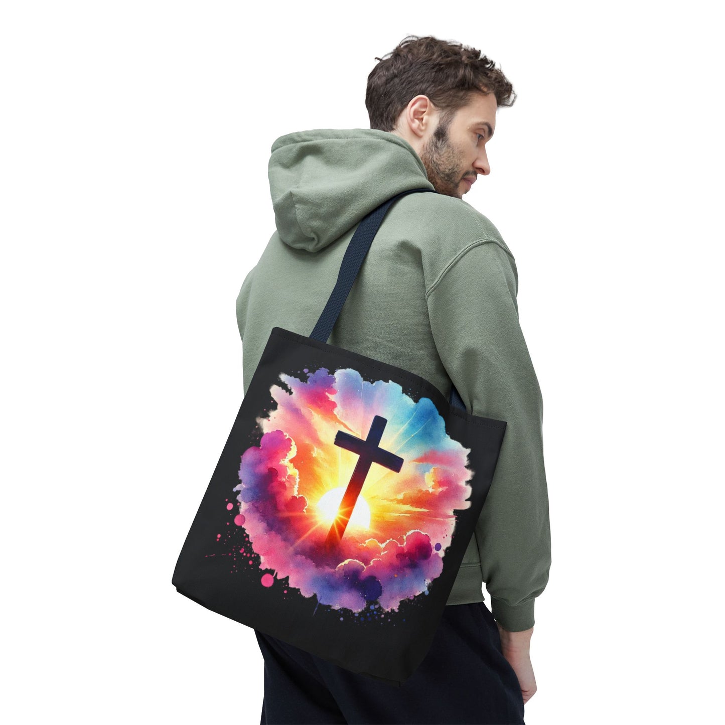 Inspirational Watercolor Sunrise Cross Tote Bag – Faith Art Canvas Tote, Christian Gift, Spiritual Aesthetic, Colorful Bible Verse Tote – Reusable Black Tote