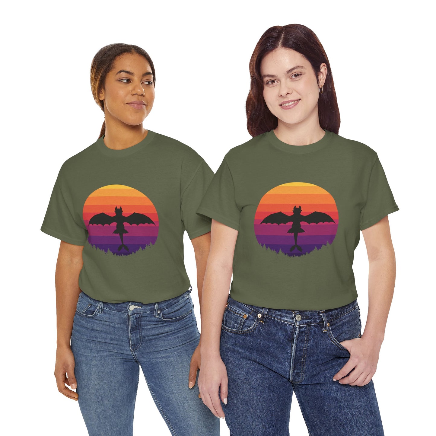 Night Dragon Sunset T-Shirt | Retro Dragon Silhouette Tee | Fantasy Dragon Shirt | Unisex Graphic Tee | Gift for Dragon Lovers