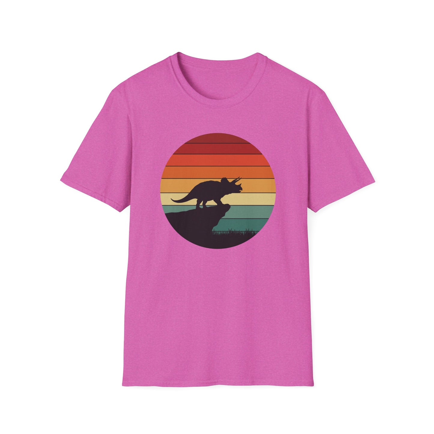 Retro Triceratops Sunset T-Shirt - Vintage Dino Graphic Tee - Unisex Softstyle Dinosaur Shirt - Nature and Prehistoric Lover Gift