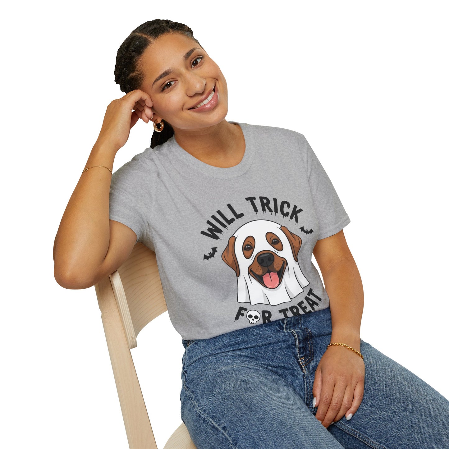 Will Trick for Treat Ghost Dog Halloween T-Shirt | Funny Spooky Dog Tee | Trick or Treat Pup Graphic Tee | Cute Fall Gift for Dog Lovers