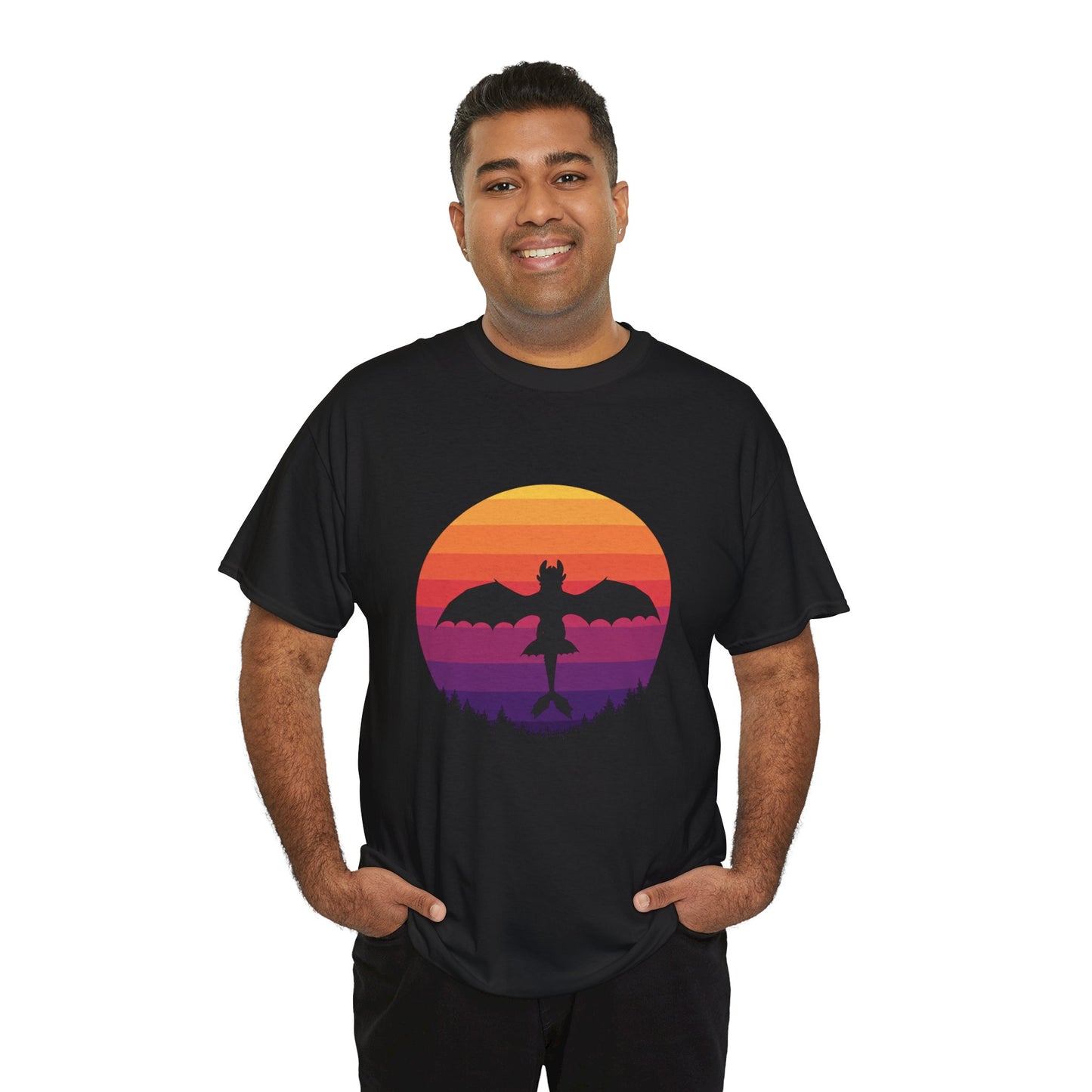 Night Dragon Sunset T-Shirt | Retro Dragon Silhouette Tee | Fantasy Dragon Shirt | Unisex Graphic Tee | Gift for Dragon Lovers