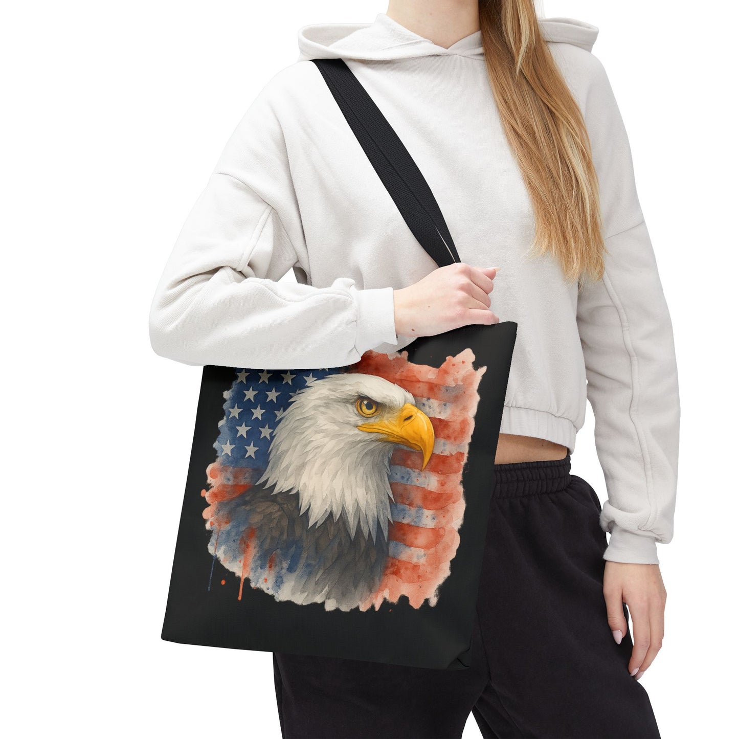 Patriotic Tote Bag with American Flag and Bald Eagle Watercolor Print 4th of July Bag Memorial Day Tote Veteran's Day Tote Bag