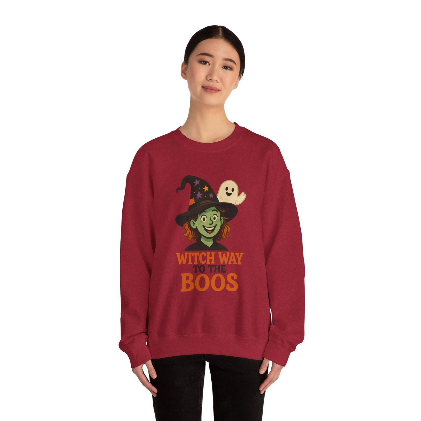Witch Way To The Boos Sweatshirt, Funny Witch Halloween Crewneck, Witchy Ghost Sweatshirt, Spooky Season Graphic Pullover, Lighthearted Halloween Wear