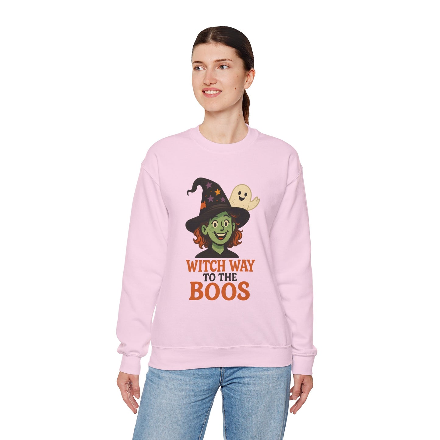 Witch Way To The Boos Sweatshirt, Funny Witch Halloween Crewneck, Witchy Ghost Sweatshirt, Spooky Season Graphic Pullover, Lighthearted Halloween Wear