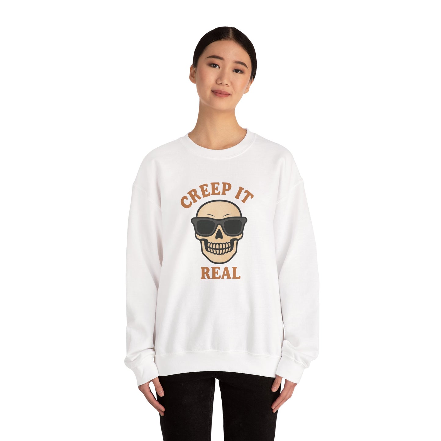 Creep It Real Skull Sweatshirt, Funny Halloween Skull Crewneck, Spooky Skeleton Pullover, Dark Graphic Sweatshirt, Unisex Halloween Gift