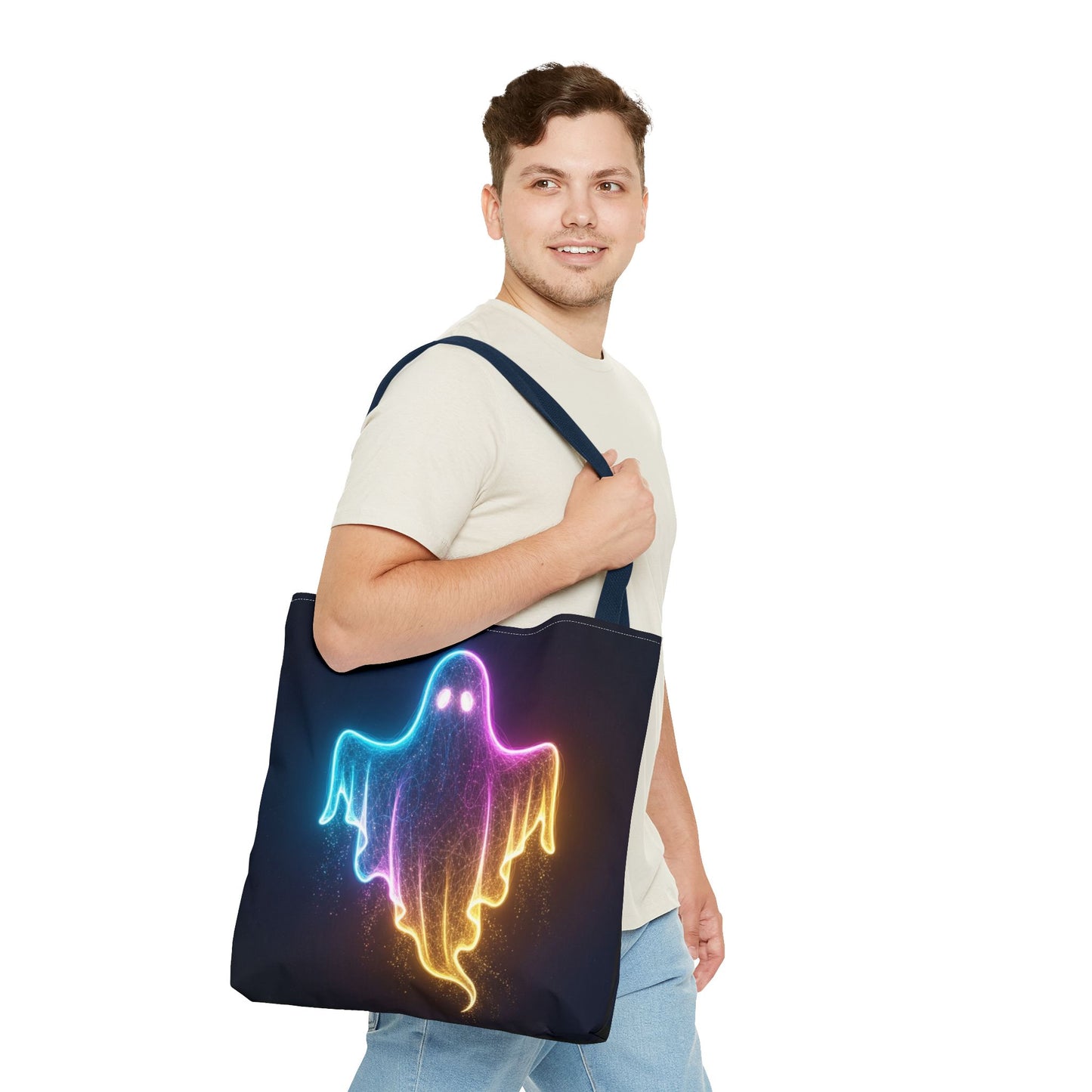 Neon Ghost Tote Bag - Bright Colorful Ghost Print Shoulder Tote, Spooky Cute Reusable Canvas Bag, Halloween Aesthetic Everyday Carry