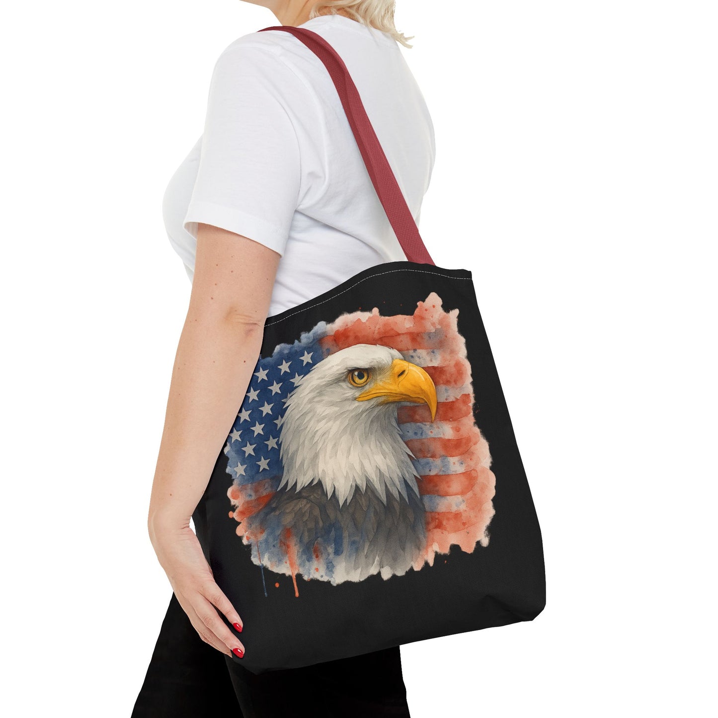 Patriotic Tote Bag with American Flag and Bald Eagle Watercolor Print 4th of July Bag Memorial Day Tote Veteran's Day Tote Bag
