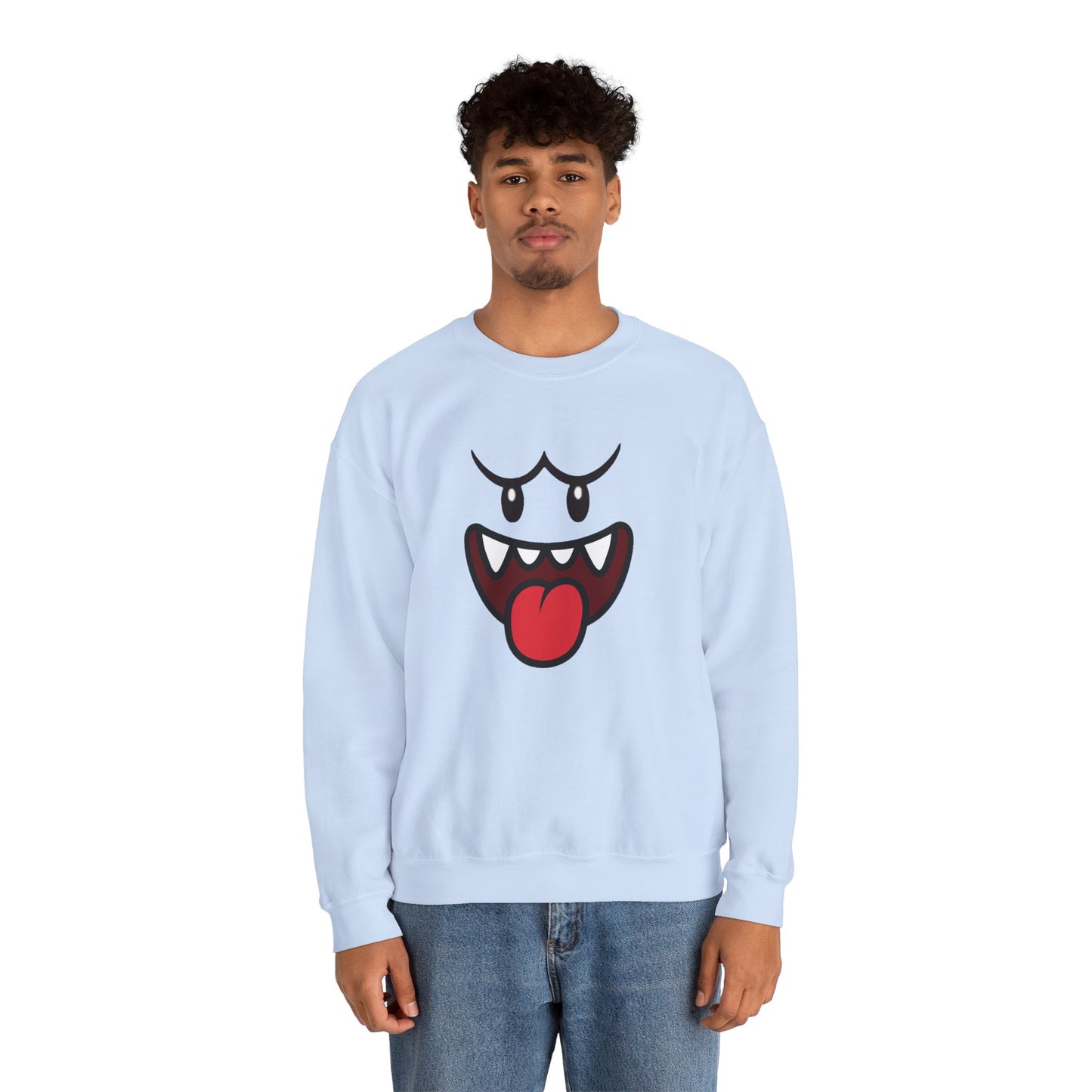 Spooky Grin Sweatshirt, Cartoon Ghost Face Crewneck, Halloween Grinning Ghost Sweatshirt, Cute Monster Smile Pullover, Spooky Season Graphic Sweat