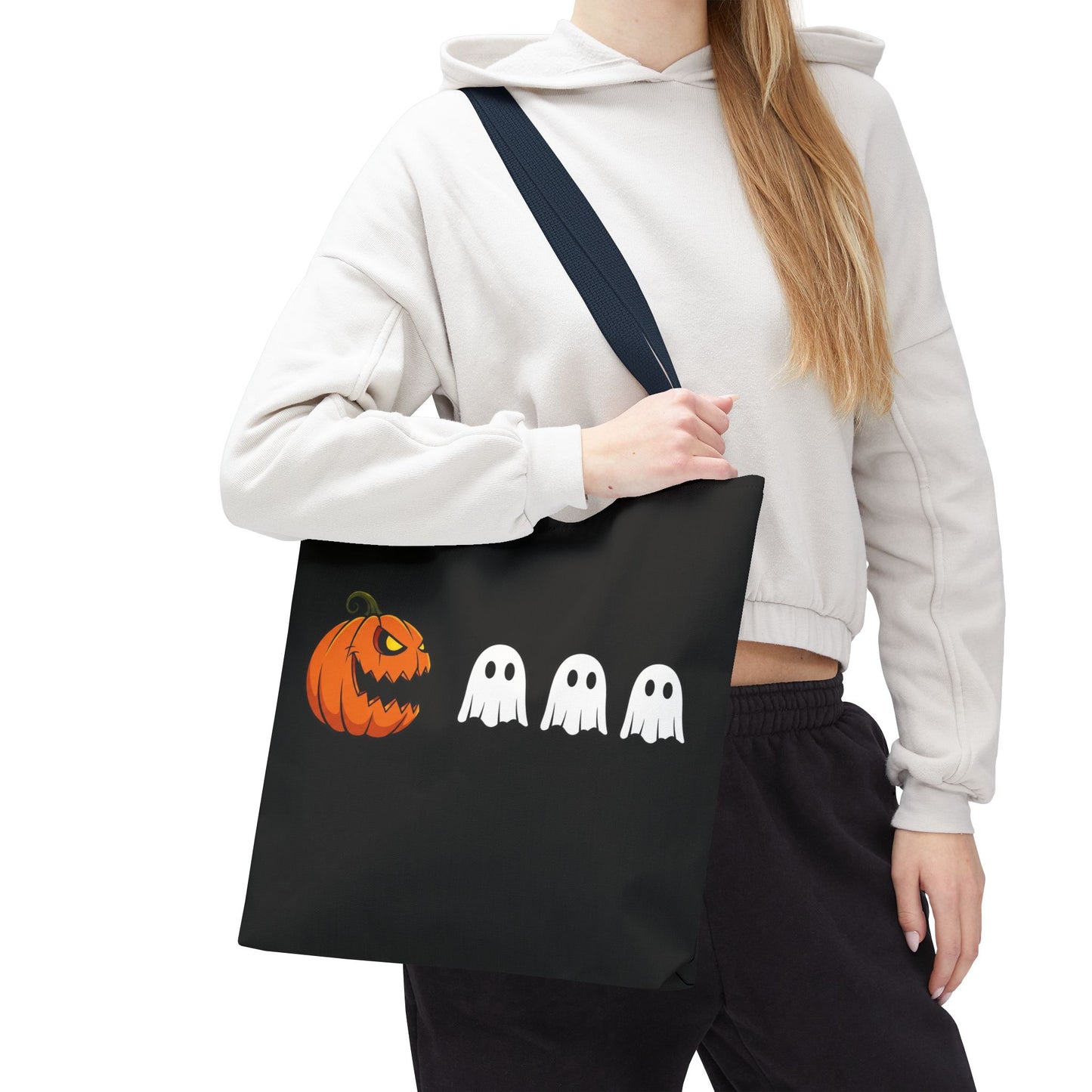 Halloween pumpkin ghost tote bag, spooky trick or treat canvas bag, ghost pumpkin design reusable tote, spooky season gift tote