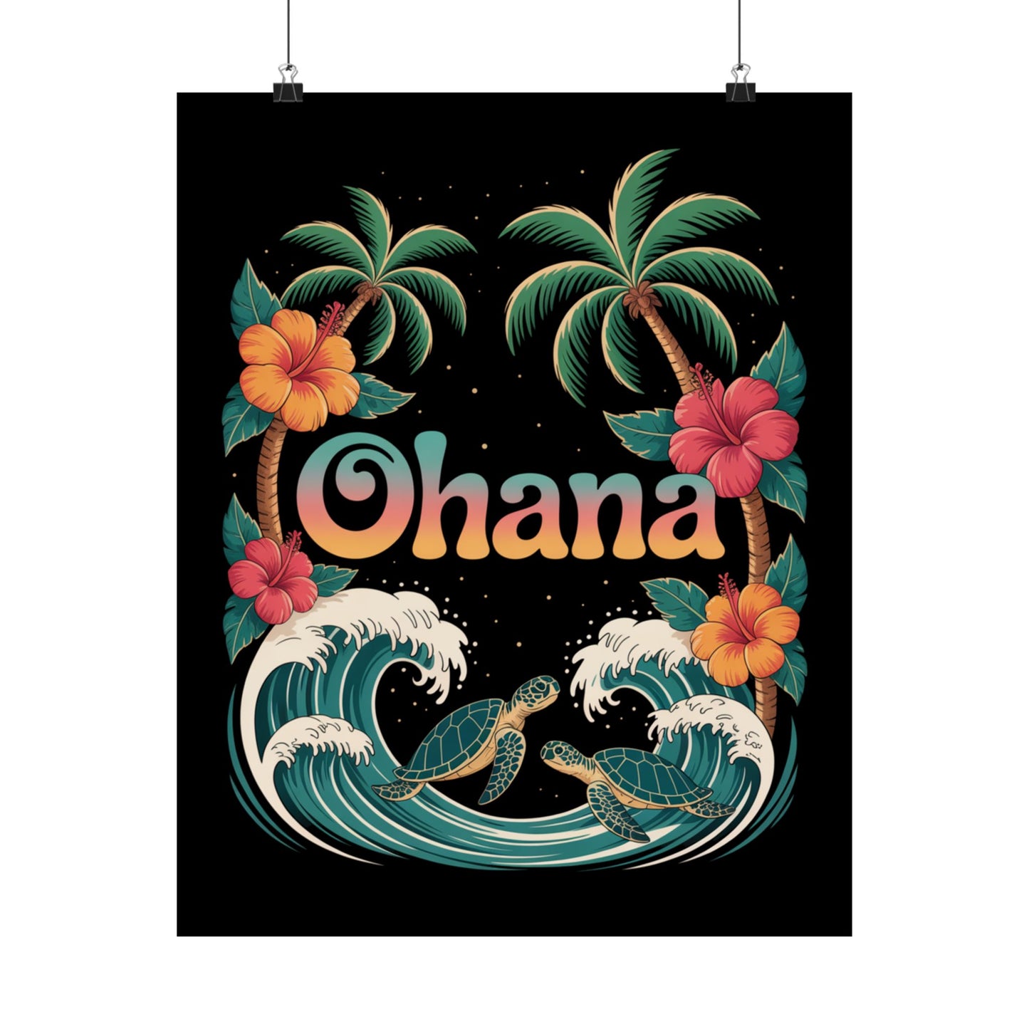 Ohana Hawaiian Wall Art - Tropical Beach Poster with Sea Turtles, Palm Trees & Hibiscus - Island Family Decor for Home or Office