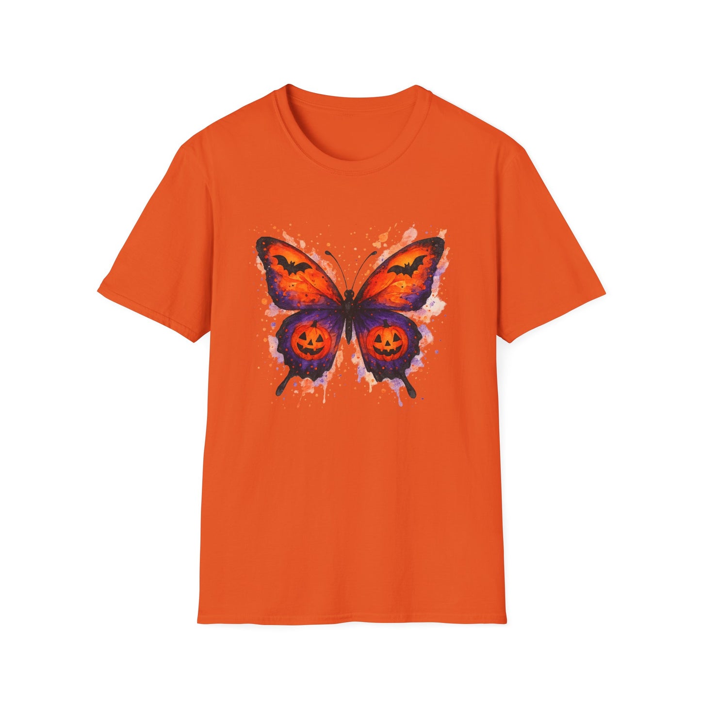 Halloween Watercolor Butterfly T-Shirt - Pumpkin Butterfly Tee, Spooky Butterfly Shirt, Bat and Jack-O'Lantern Wings, Fall Aesthetic Tee