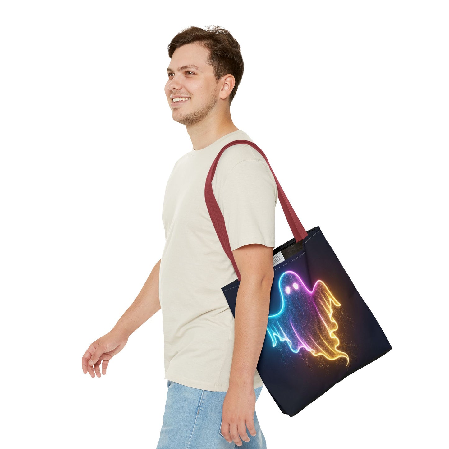 Neon Ghost Tote Bag - Bright Colorful Ghost Print Shoulder Tote, Spooky Cute Reusable Canvas Bag, Halloween Aesthetic Everyday Carry
