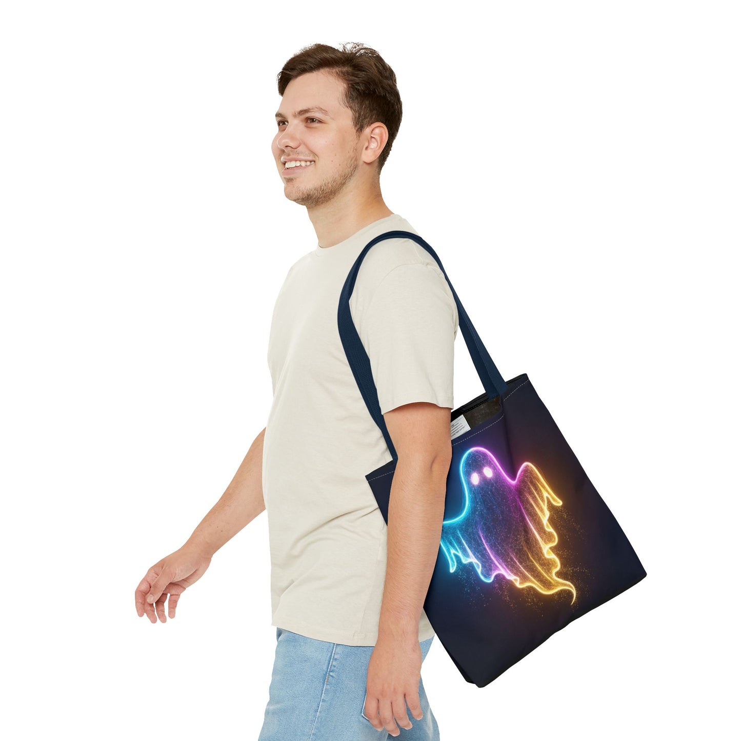 Neon Ghost Tote Bag - Bright Colorful Ghost Print Shoulder Tote, Spooky Cute Reusable Canvas Bag, Halloween Aesthetic Everyday Carry
