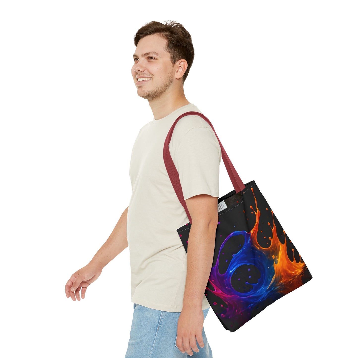 Elemental Fusion Tote Bag, Fire And Water Abstract Art Design, Vibrant Blue And Orange Splash Reusable Tote For Artists, Travel, And Everyday Use