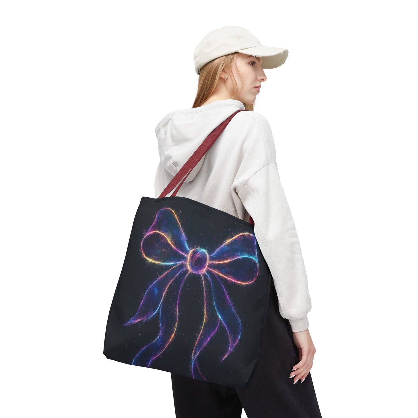 Galaxy Glow Bow Tote Bag, Cosmic Neon Ribbon Design, Black Space Art Bag, Celestial Gift For Her, Stylish Reusable Everyday Tote