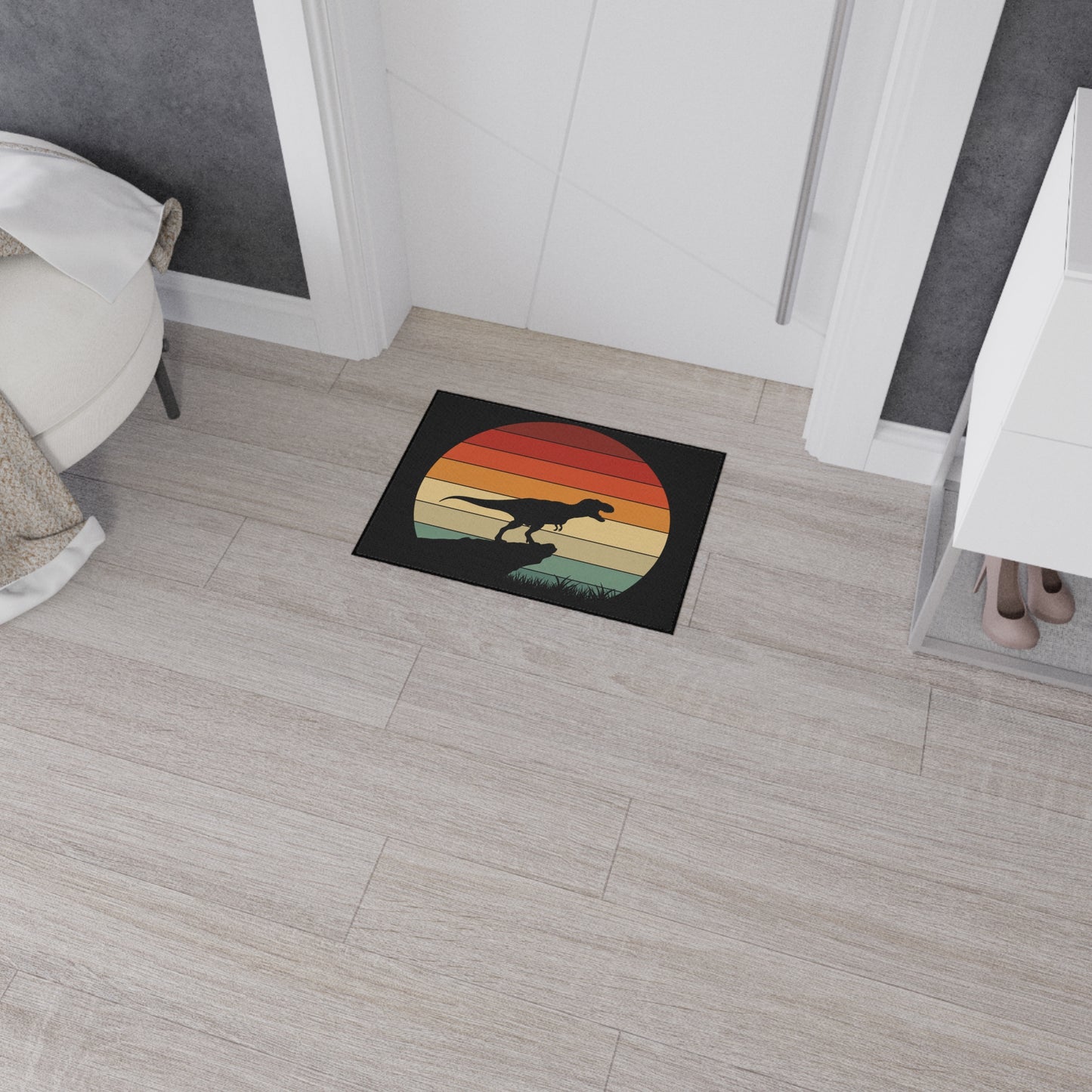 Retro T-Rex Sunset Floor Mat | Heavy Duty Playroom Rug - Non-Slip Dinosaur Entrance Mat for Kids Room, Home, Nursery Decor