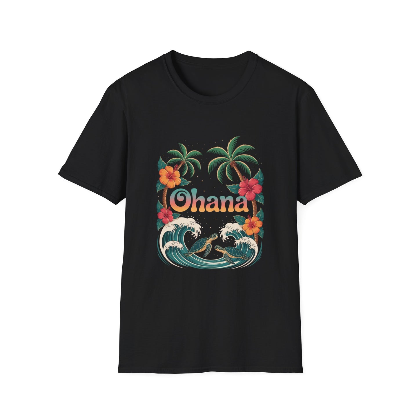 Ohana Shirt - Retro Hawaiian Sea Turtle & Palm Tree Graphic Tee - Tropical Beach Family Gift, Summer Vacation Aesthetic T-Shirt