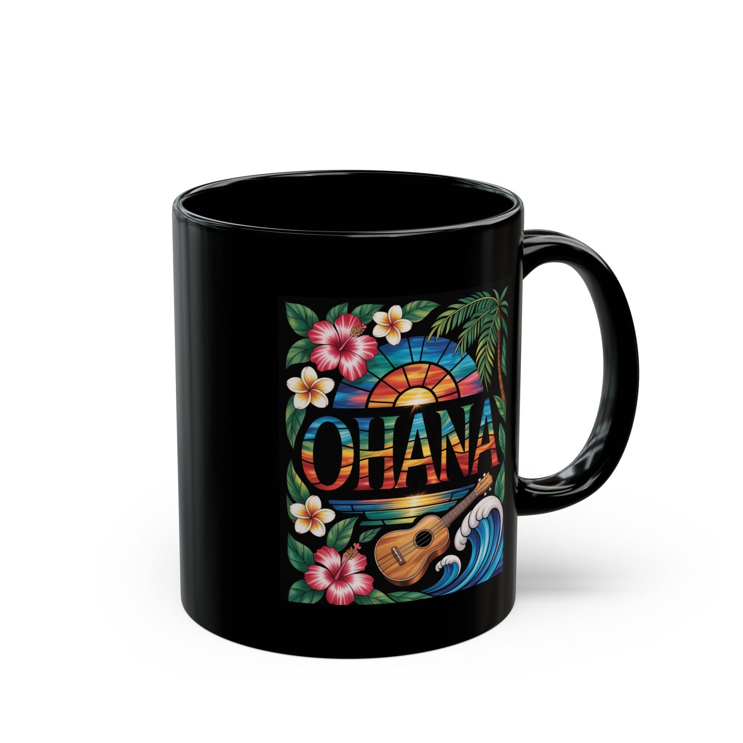 Ohana Mug Hawaiian Coffee Cup Tropical Sunset, Hibiscus Flowers, Ukulele, Aloha Gift