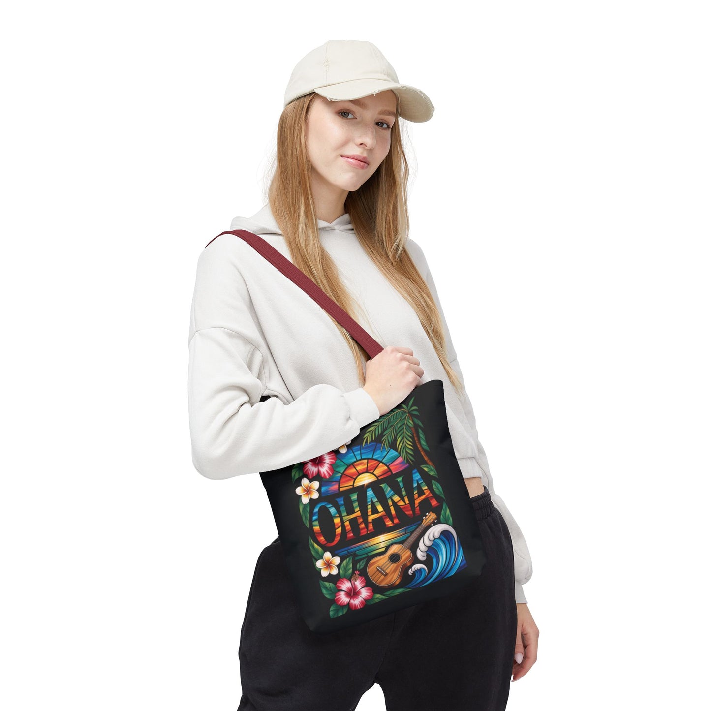 Ohana Tote Bag – Hawaiian Tropical Beach Bag with Ukulele, Sunset & Hibiscus Flowers, Island Gift for Women, Aloha Family Vibes