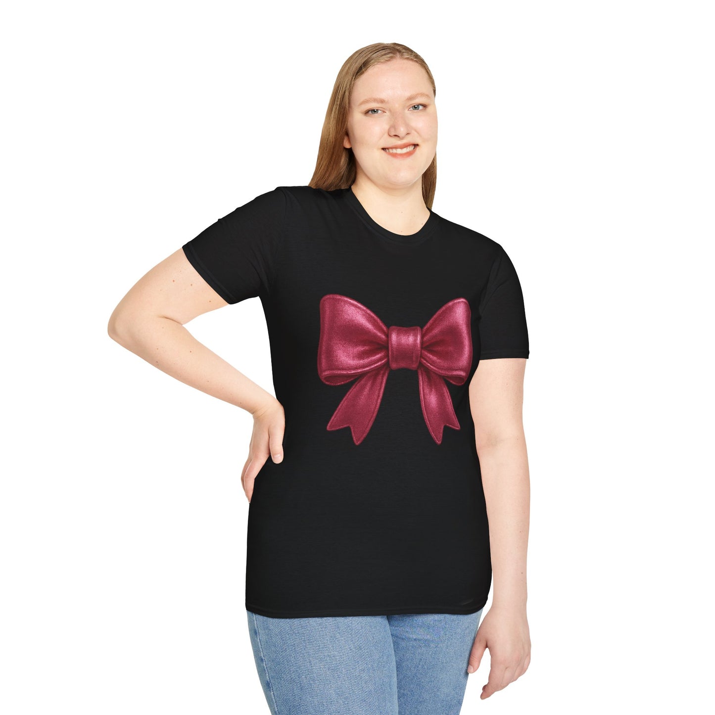 Metallic Burgundy Bow T-Shirt π | Elegant Cute Graphic Tee | Unisex Softstyle Shirt | Gift for Her, Aesthetic Outfit, Celebration Wear