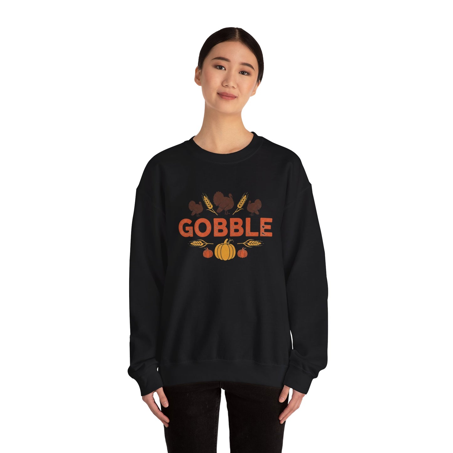 Gobble Turkey Sweatshirt, Thanksgiving Pumpkin Crewneck, Autumn Wheat & Turkey Graphic Pullover, Cozy Fall Family Turkey Day Shirt