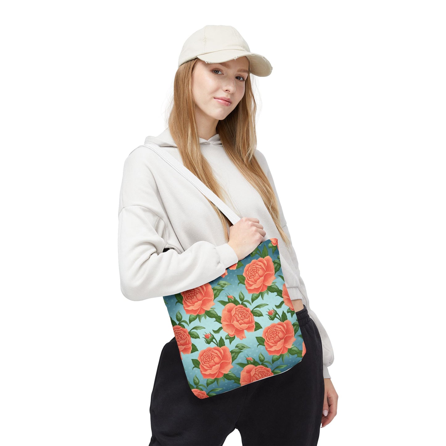 Vintage Floral Tote Bag – Coral Rose Pattern on Blue Background – Aesthetic Everyday Carry Bag – Reusable Fabric Market Tote Gift